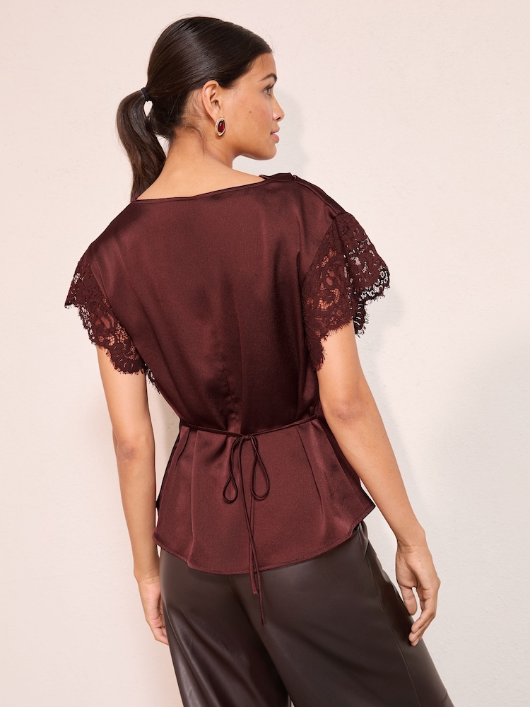 Friends Like These Red Petite Satin Lace Detail Cowl Neck Blouse - Image 4 of 4