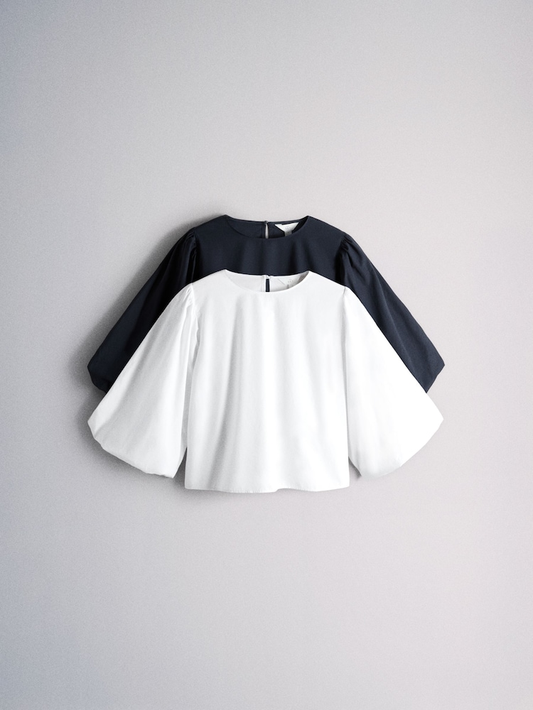 The Set 2 Pack Cotton Puff Sleeve Tops Navy Blue/White - Image 1 of 5
