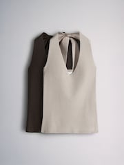 The Set 2 Pack Fine Knit Tie Neck Halter Tops Chocolate Brown/Neutral - Image 2 of 6