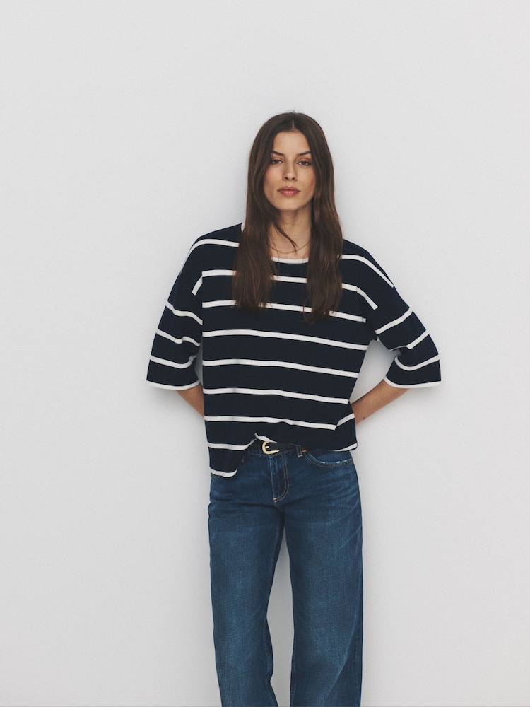 The Set 3 Pack Oversized Knitted T-Shirts Light Blue/Cream/Navy Stripe - Image 1 of 6 The Set 3 Pack Oversized Knitted T-Shirts Light Blue/Cream/Navy Stripe - Image 1 of 6