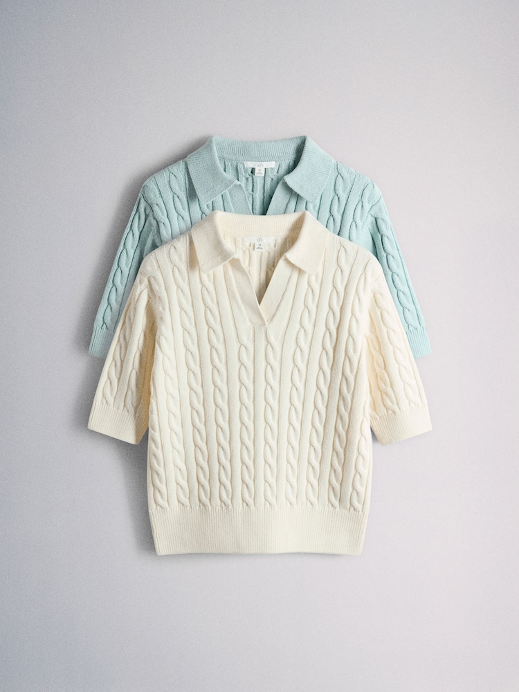 The Set 3/4 Sleeve Cable Knitted Jumpers Blue/Pastel Yellow - Image 1 of 5