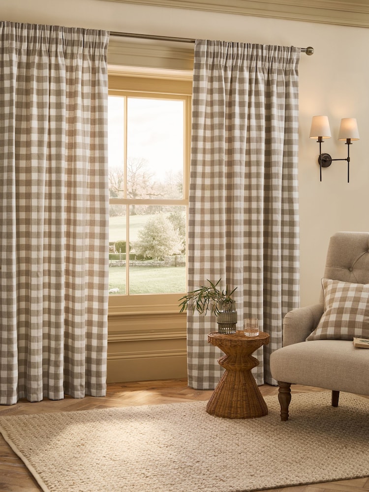 Woven Gingham Check Pencil Pleat Lined Curtains - 5의 이미지 1
