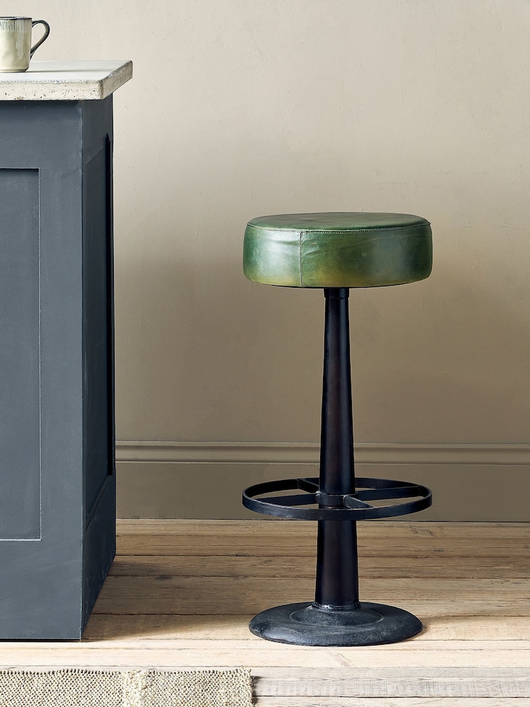Nkuku Rich Green Narwana Leather Round Stool - Image 1 of 4 Nkuku Rich Green Narwana Leather Round Stool - Image 1 of 4