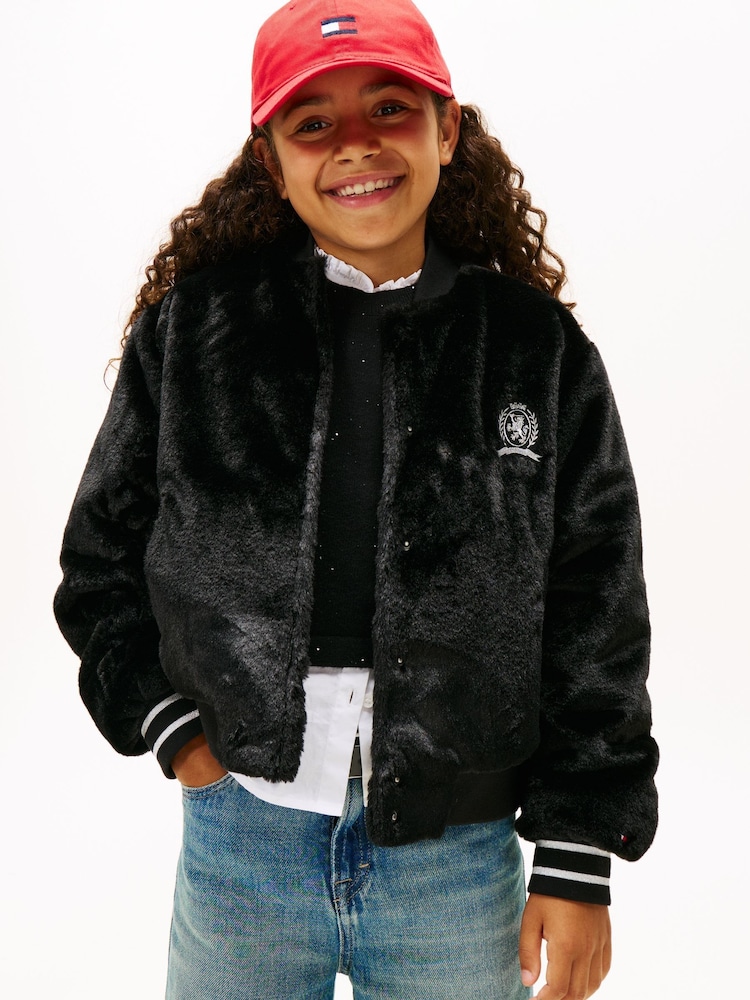 Tommy Hilfiger Black Faux Fur Relaxed Bomber Jacket - Image 1 of 5 Tommy Hilfiger Black Faux Fur Relaxed Bomber Jacket - Image 1 of 5