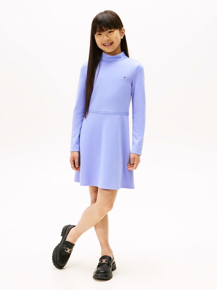 Tommy Hilfiger Blue Sparkle Logo Mock Neck Skater Dress - Image 1 of 5 Tommy Hilfiger Blue Sparkle Logo Mock Neck Skater Dress - Image 1 of 5