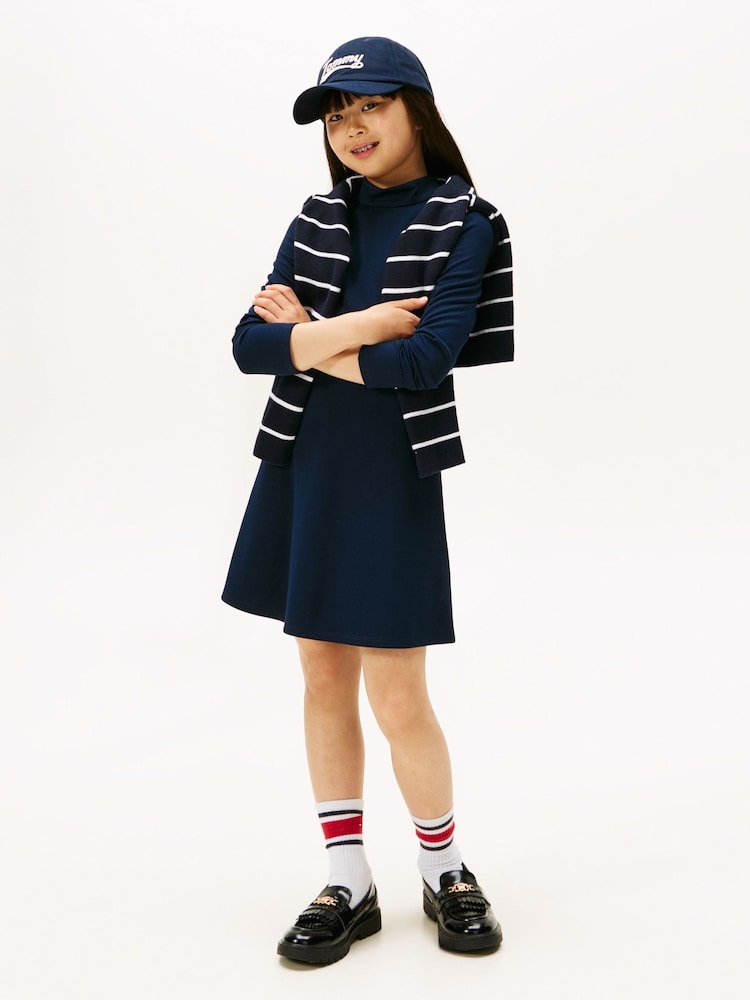 Tommy Hilfiger Blue Sparkle Logo Mock Neck Skater Dress - Image 1 of 5