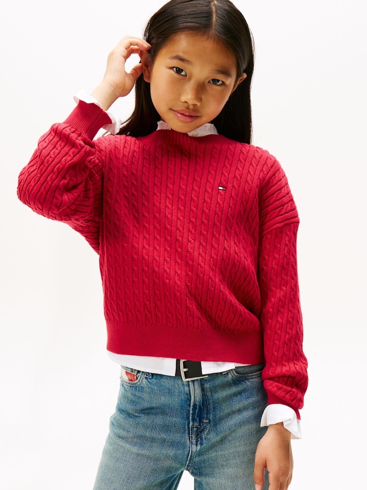 Tommy Hilfiger Red Relaxed Cable Knit Jumper - Image 1 of 5 Tommy Hilfiger Red Relaxed Cable Knit Jumper - Image 1 of 5