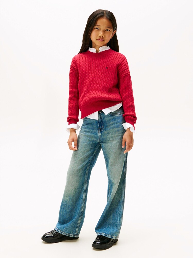 Tommy Hilfiger Red Relaxed Cable Knit Jumper - Image 2 of 5 Tommy Hilfiger Red Relaxed Cable Knit Jumper - Image 2 of 5
