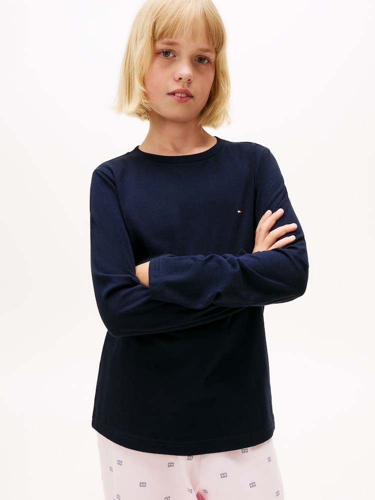Tommy Hilfiger Blue 2 Pack Signature Long Sleeve T-Shirts - Image 2 of 6 Tommy Hilfiger Blue 2 Pack Signature Long Sleeve T-Shirts - Image 2 of 6