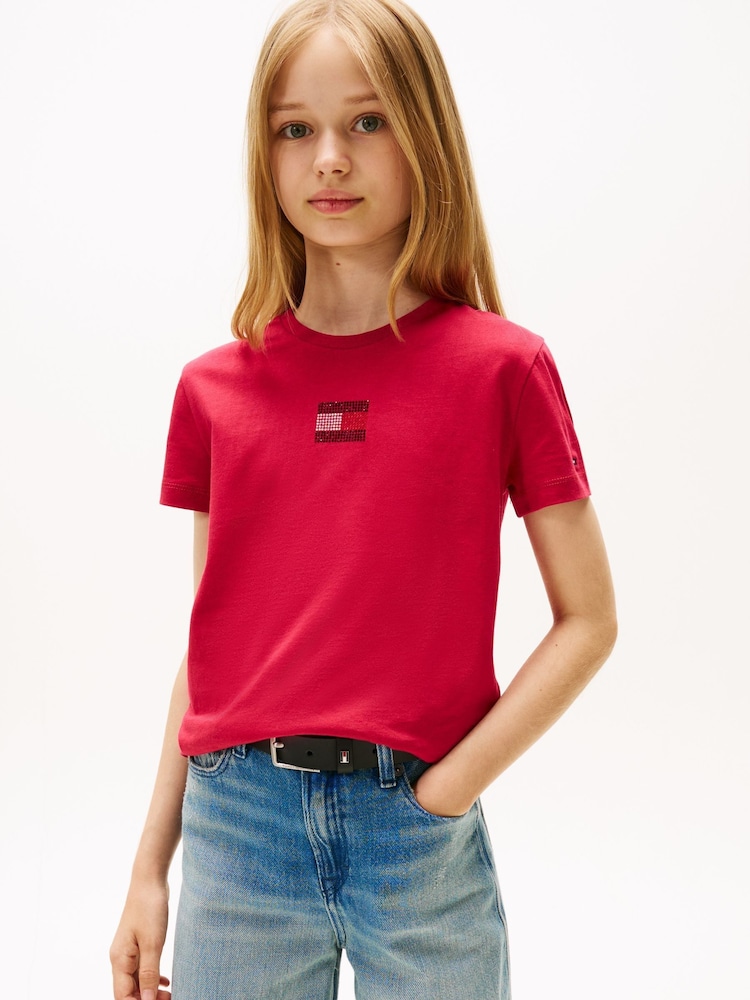 Tommy Hilfiger Red Diamanté Flag Jersey T-Shirt - Image 1 of 5 Tommy Hilfiger Red Diamanté Flag Jersey T-Shirt - Image 1 of 5