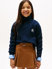 Tommy Hilfiger Blue Crest Embroidery Cable Knit Turtleneck Jumper - Image 1 of 5