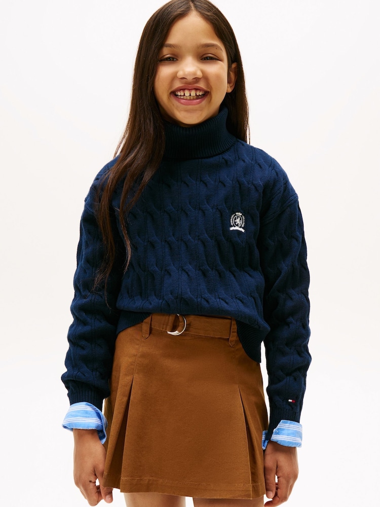 Tommy Hilfiger Blue Crest Embroidery Cable Knit Turtleneck Jumper - Image 1 of 5 Tommy Hilfiger Blue Crest Embroidery Cable Knit Turtleneck Jumper - Image 1 of 5