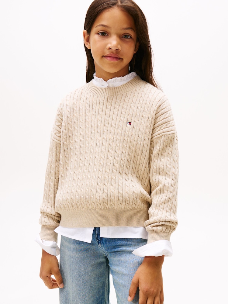 Tommy Hilfiger Cream Relaxed Cable Knit Jumper - Image 1 of 5 Tommy Hilfiger Cream Relaxed Cable Knit Jumper - Image 1 of 5