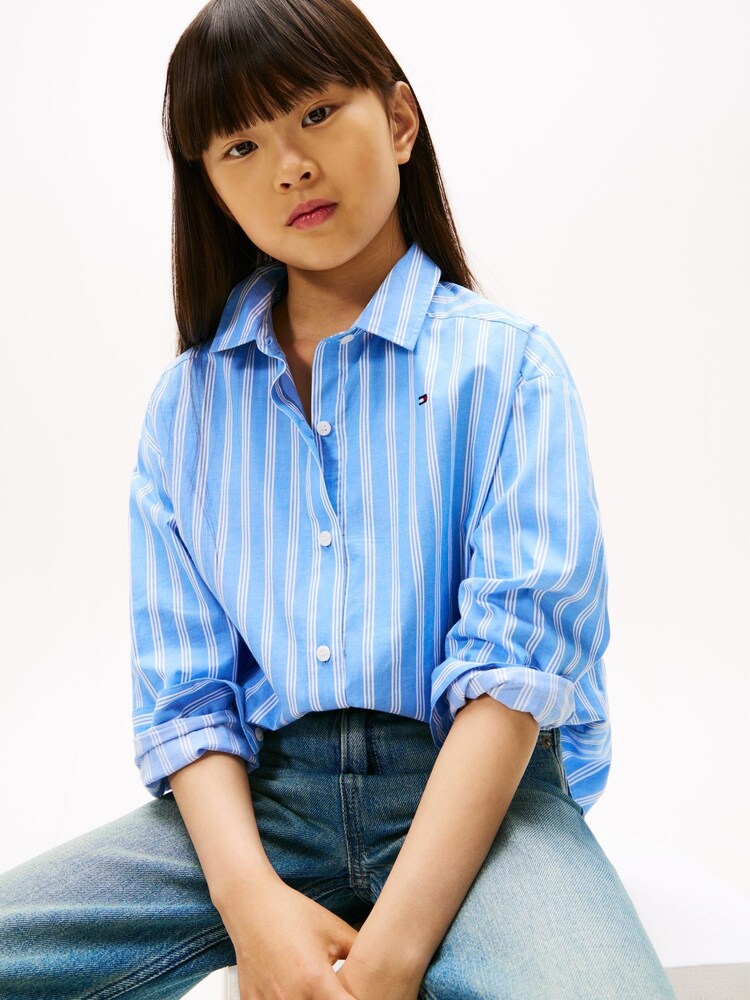 Tommy Hilfiger Blue Varsity Relaxed Fit Stripe Poplin Shirt - Image 2 of 5 Tommy Hilfiger Blue Varsity Relaxed Fit Stripe Poplin Shirt - Image 2 of 5
