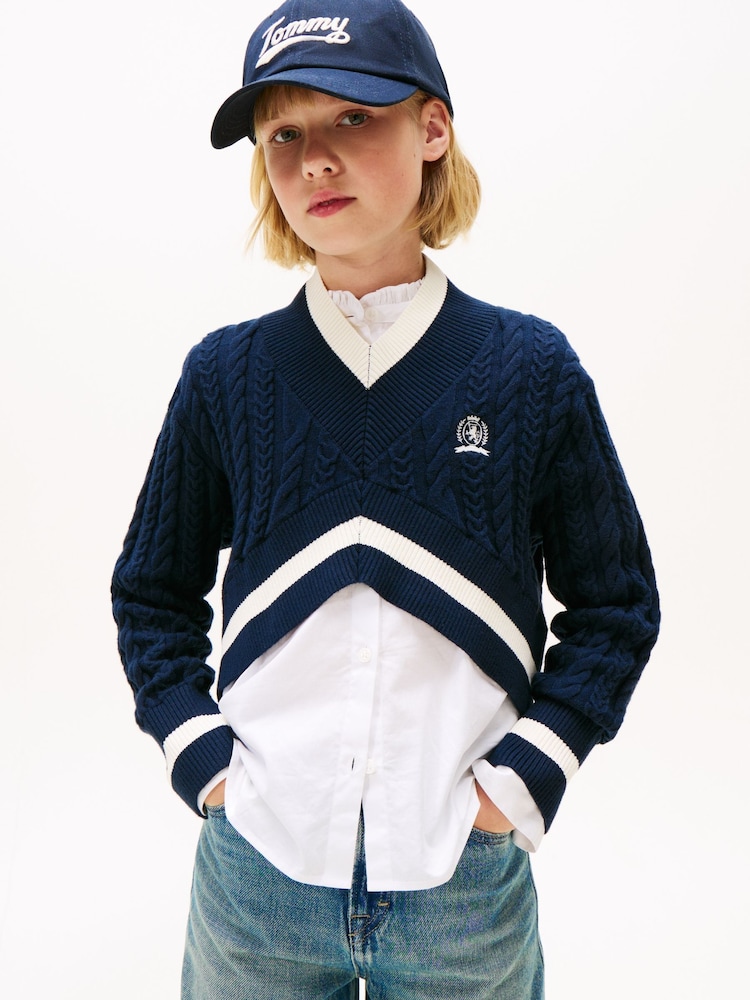 Tommy Hilfiger Blue Crest Embroidery Cable Knit V-Neck Cropped Jumper - Image 1 of 5 Tommy Hilfiger Blue Crest Embroidery Cable Knit V-Neck Cropped Jumper - Image 1 of 5