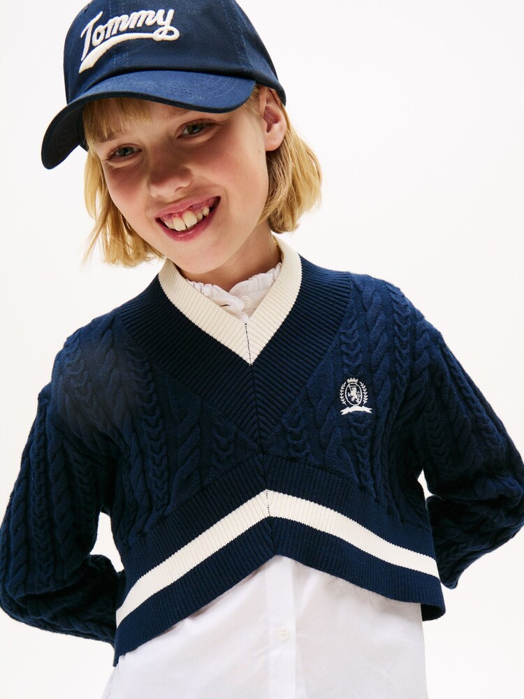 Tommy Hilfiger Blue Crest Embroidery Cable Knit V-Neck Cropped Jumper - Image 2 of 5 Tommy Hilfiger Blue Crest Embroidery Cable Knit V-Neck Cropped Jumper - Image 2 of 5