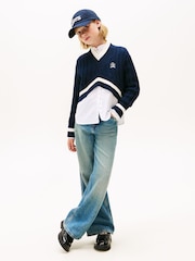 Tommy Hilfiger Blue Crest Embroidery Cable Knit V-Neck Cropped Jumper - Image 3 of 5