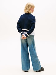 Tommy Hilfiger Blue Crest Embroidery Cable Knit V-Neck Cropped Jumper - Image 4 of 5