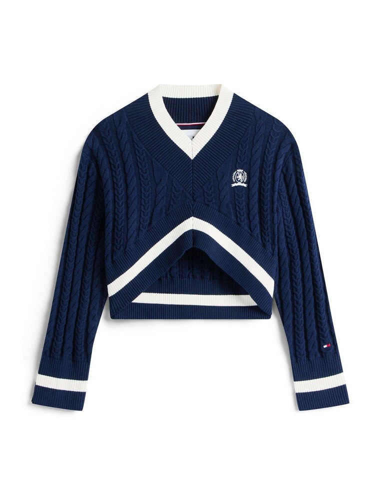 Tommy Hilfiger Blue Crest Embroidery Cable Knit V-Neck Cropped Jumper - Image 5 of 5 Tommy Hilfiger Blue Crest Embroidery Cable Knit V-Neck Cropped Jumper - Image 5 of 5