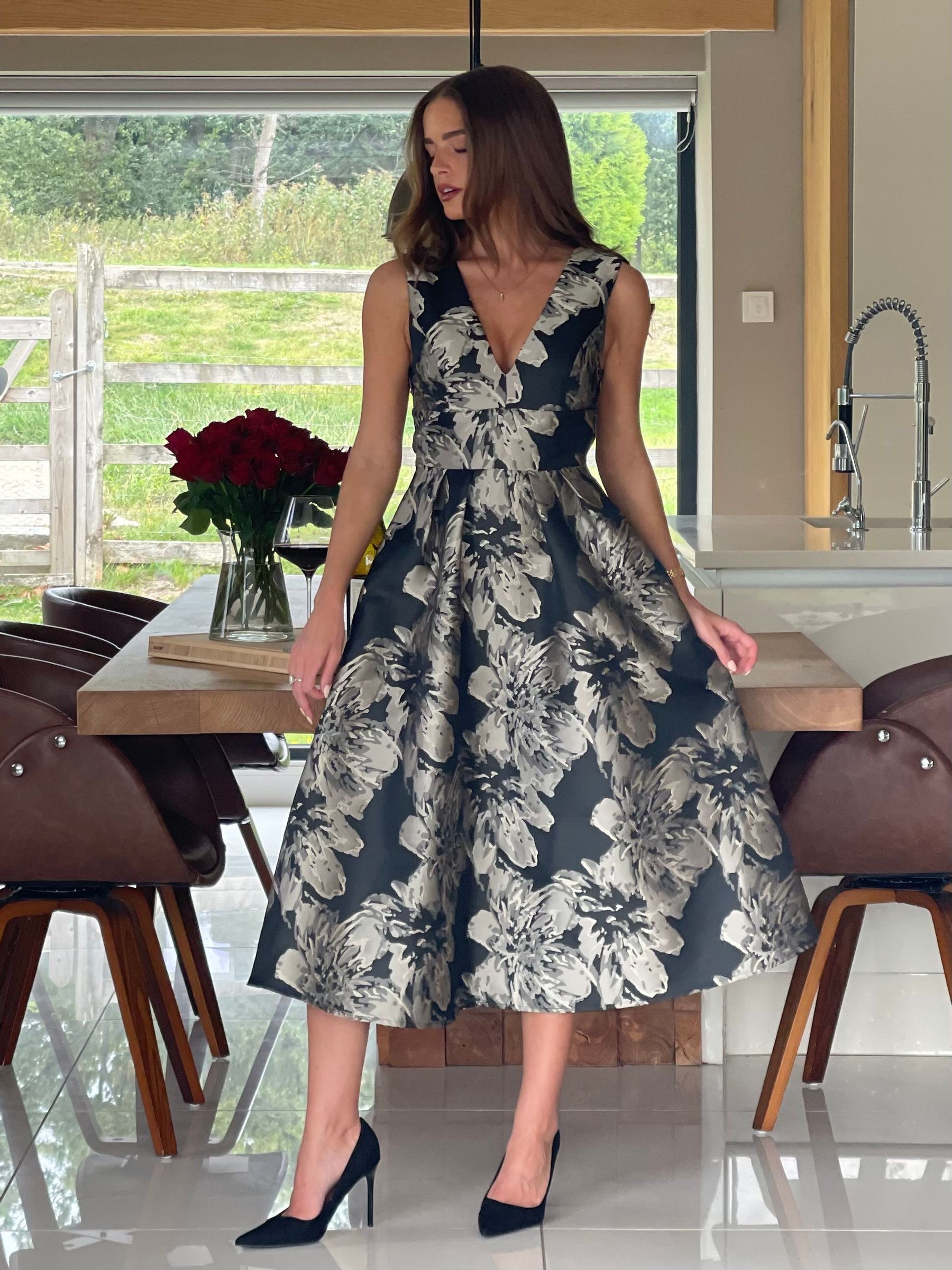 Buy Girl In Mind Black Jesinia Jacquard V-Neck Midi Dress from