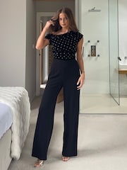 Girl In Mind Black Donna Asymmetric Neckline Beaded Jumpsuit - Image 3 of 6