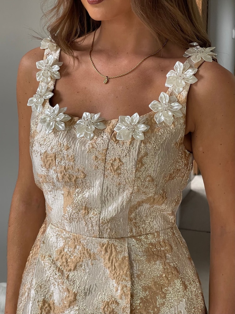 Girl In Mind Gold Astrid Pearl Flower Embelished Jacquard Mini Dress - Image 6 of 6