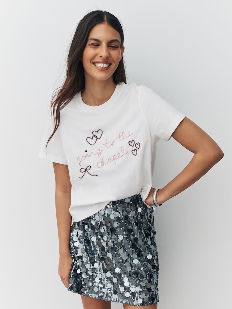 White Embellished Bridal Going To The Chapel Slogan Short Sleeve T-Shirt - Image 1 of 8