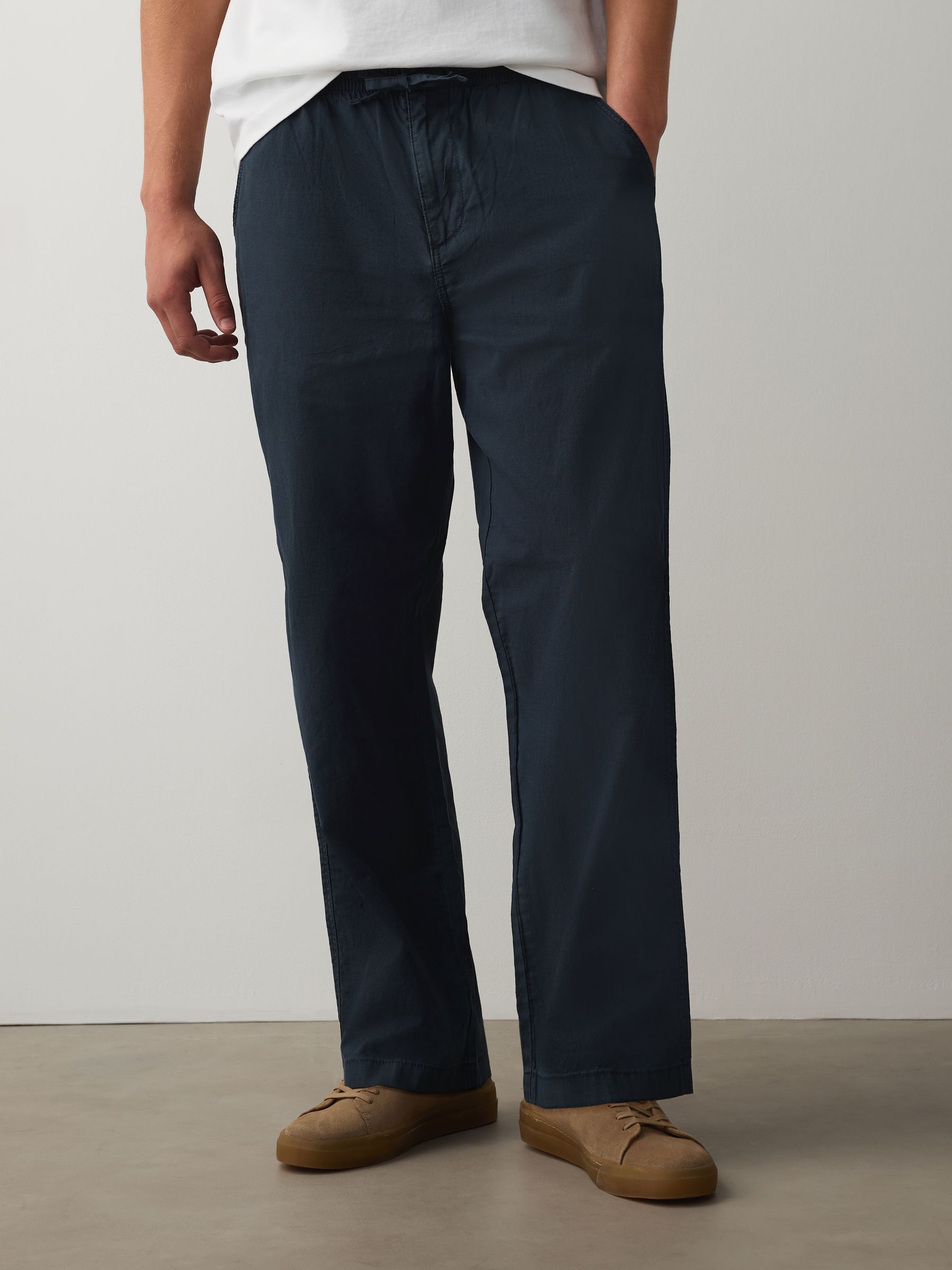 Buy Navy Relaxed Fit Linen Cotton Blend Trousers With Elasticated