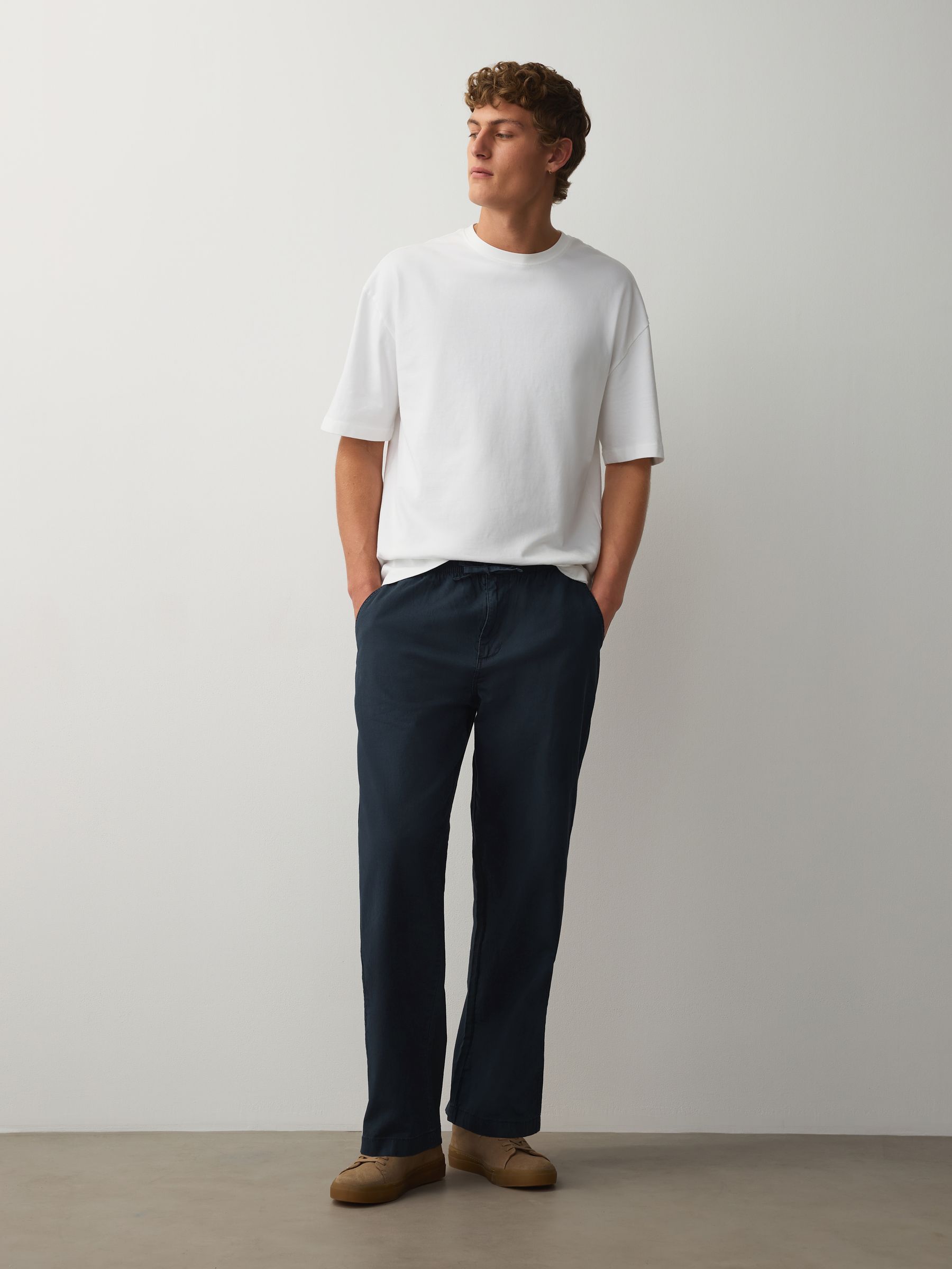 Buy Navy Relaxed Fit Linen Cotton Blend Trousers With Elasticated