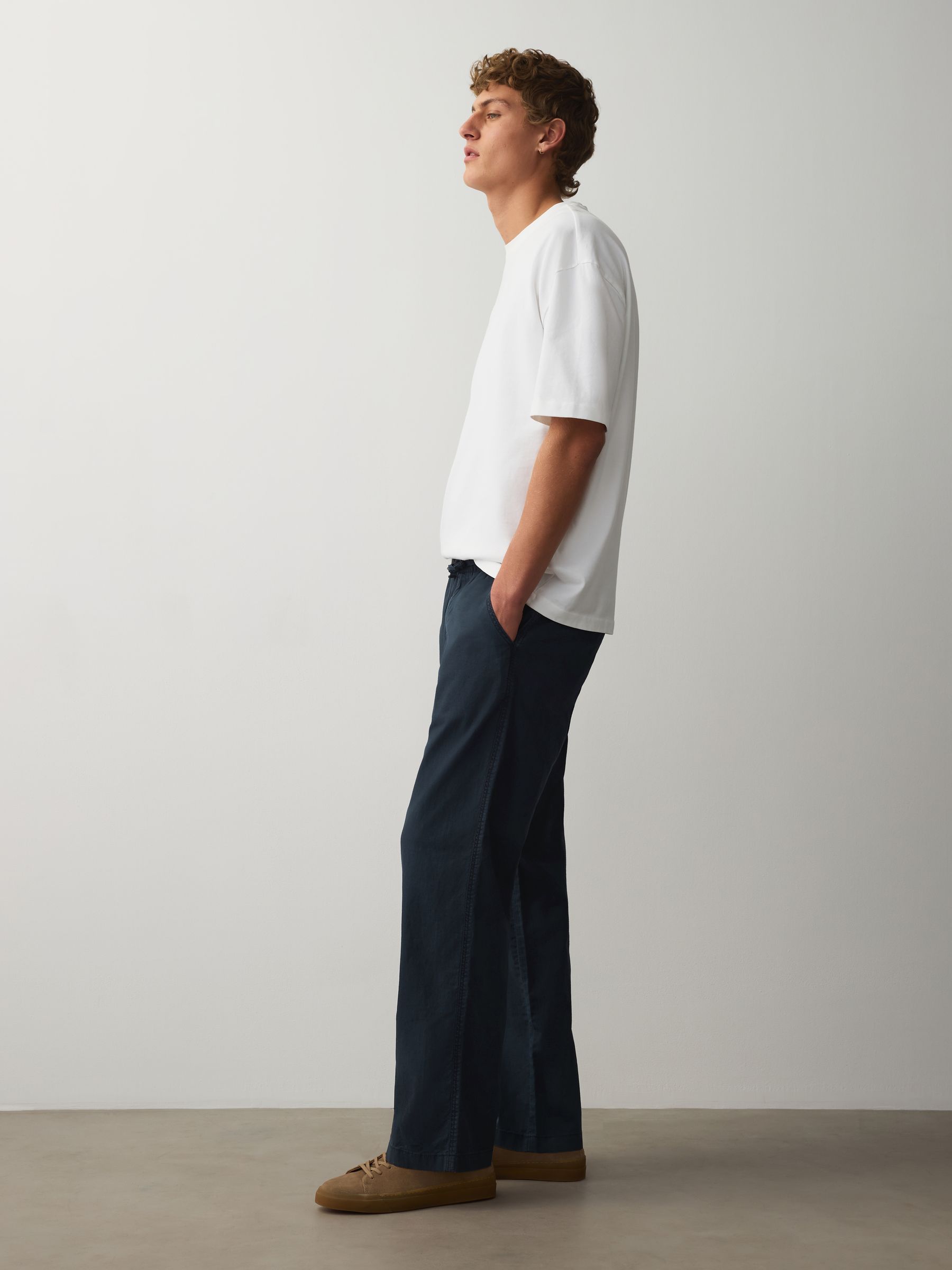 Buy Navy Relaxed Fit Linen Cotton Blend Trousers With Elasticated