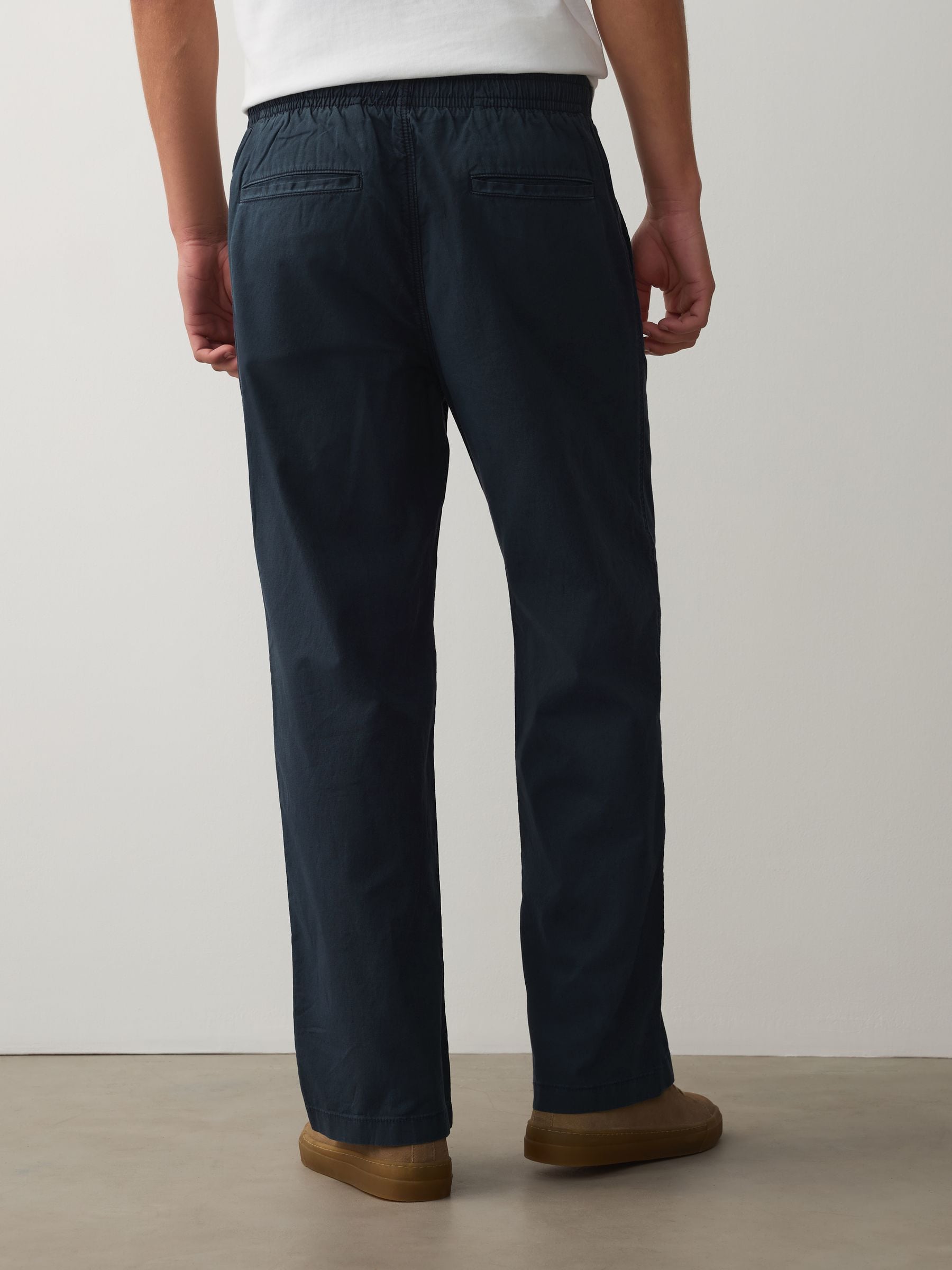 Buy Navy Relaxed Fit Linen Cotton Blend Trousers With Elasticated