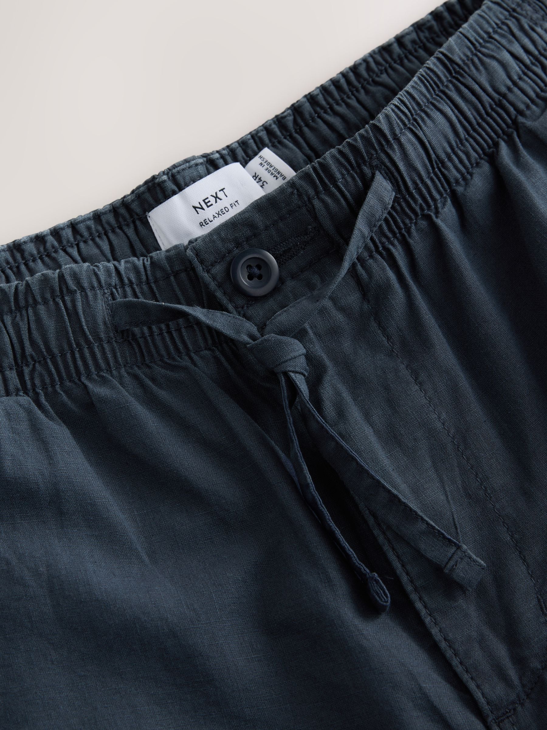 Buy Navy Relaxed Fit Linen Cotton Blend Trousers With Elasticated