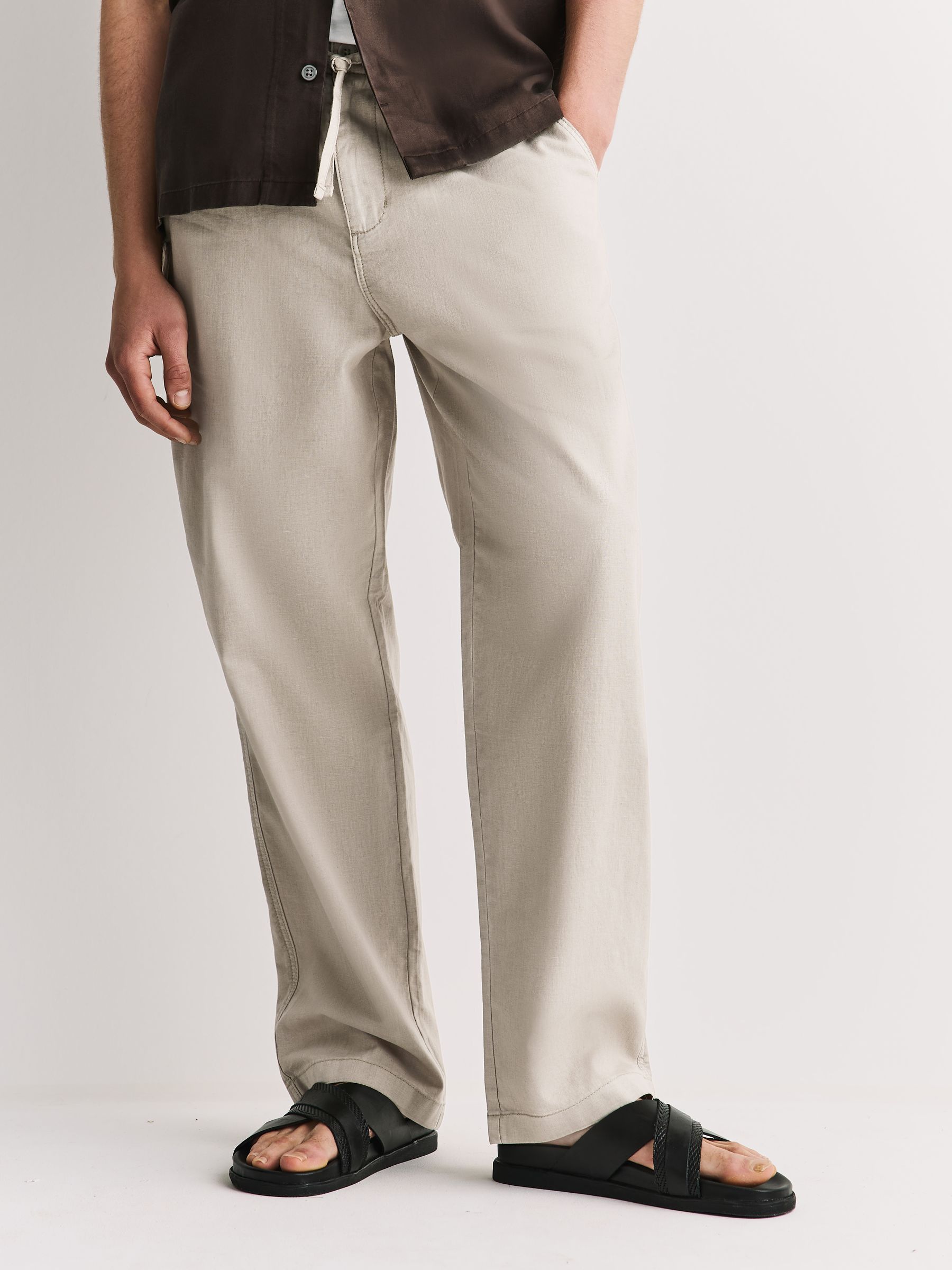 Buy Stone Relaxed Fit Linen Cotton Blend Trousers With Elasticated