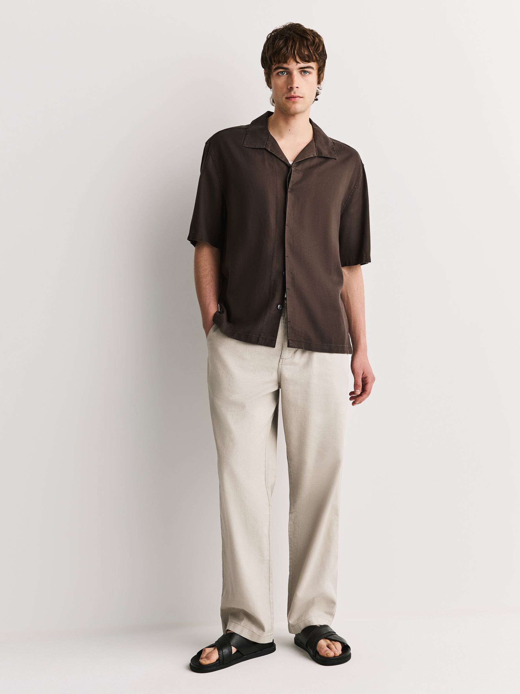 Buy Stone Relaxed Fit Linen Cotton Blend Trousers With Elasticated
