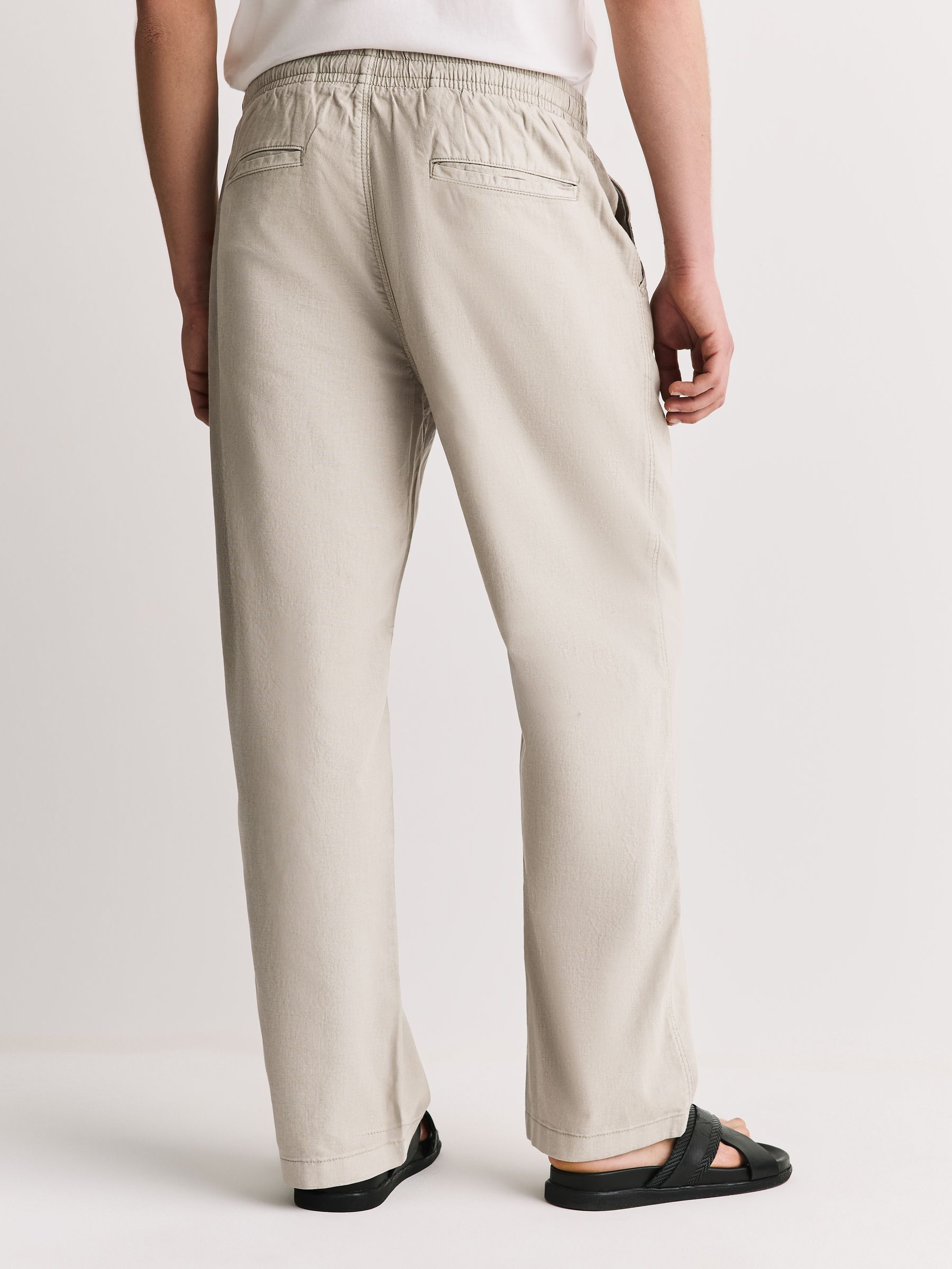Buy Stone Relaxed Fit Linen Cotton Blend Trousers With Elasticated