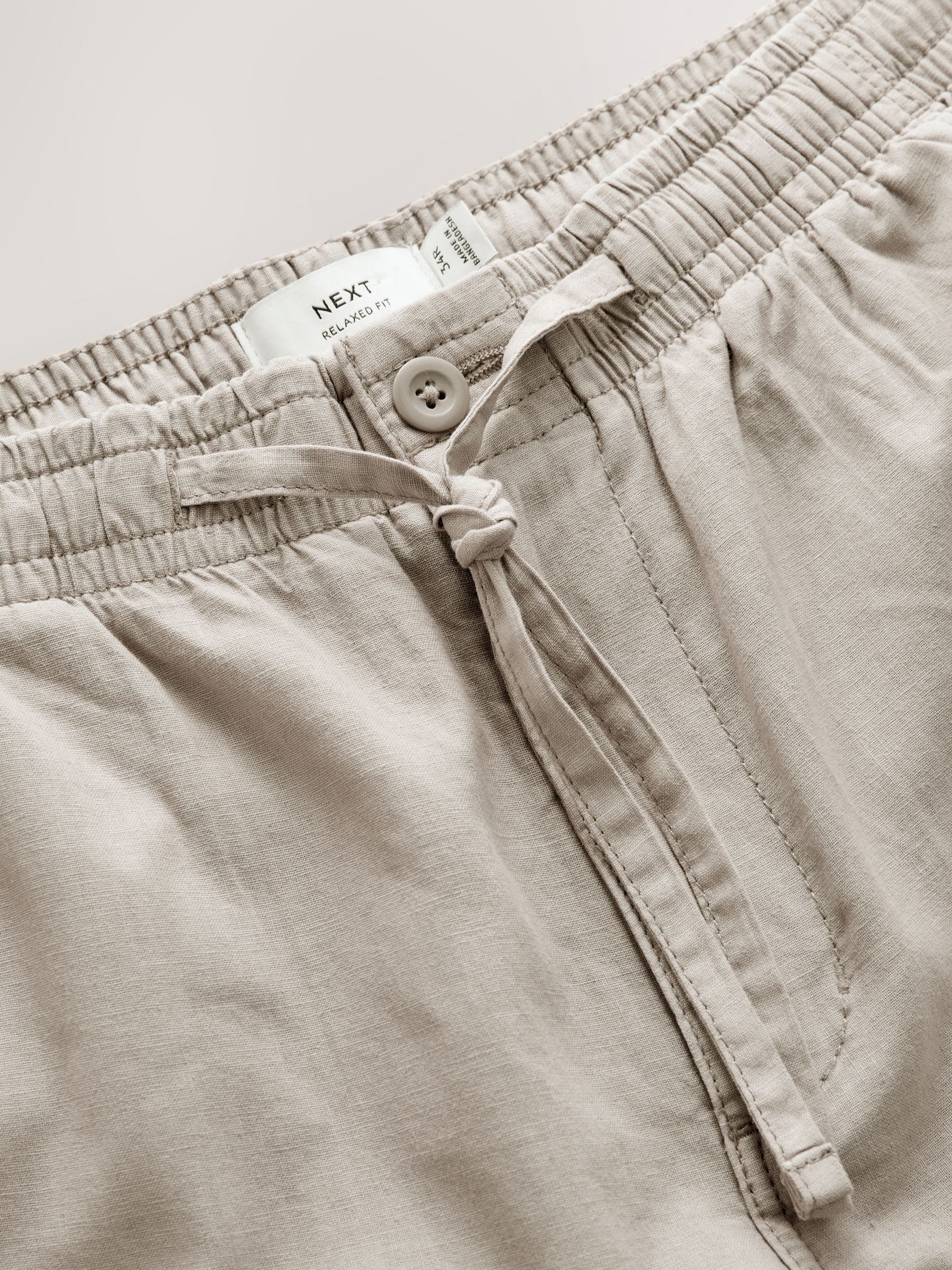Buy Stone Relaxed Fit Linen Cotton Blend Trousers With Elasticated