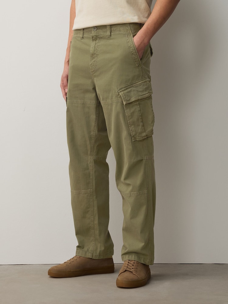 Khaki Green Relaxed Fit Authentic Washed Cotton Rich Cargo Trousers With Stretch - Image 1 of 11 Khaki Green Relaxed Fit Authentic Washed Cotton Rich Cargo Trousers With Stretch - Image 1 of 11