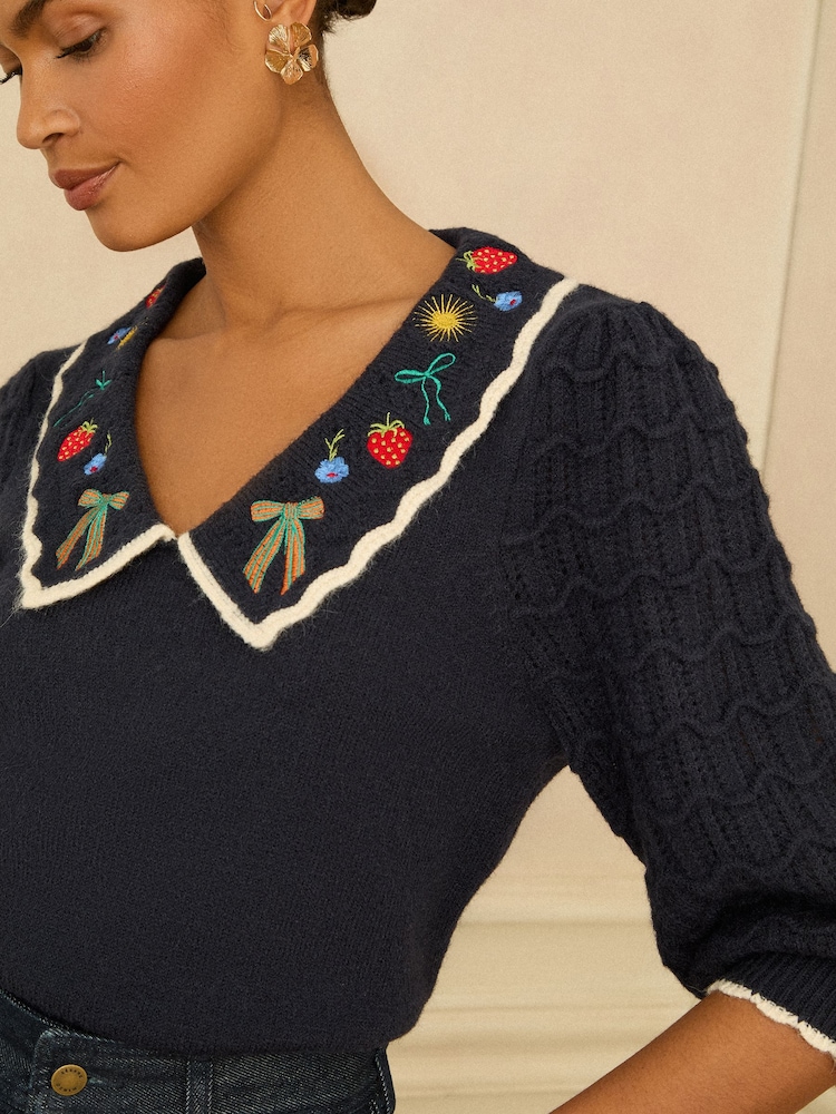 Love & Roses Navy Embroidered Collar Knitted Jumper - Image 2 of 4