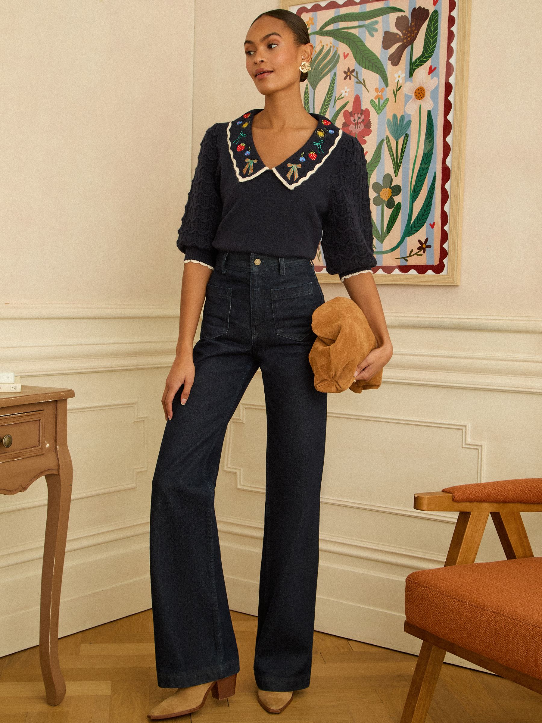 Buy Love & Roses Navy Embroidered Collar Knitted Jumper from the
