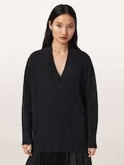 AllSaints Black Bern Panel V-Neck Jumper - Image 6 of 7
