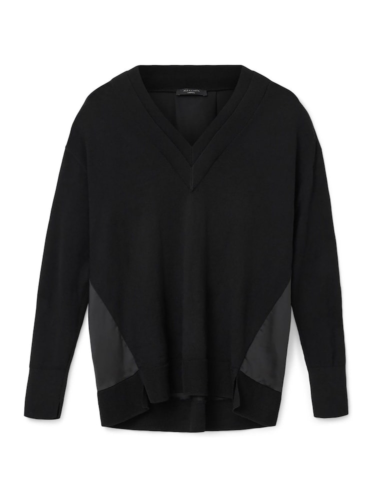 AllSaints Black Bern Panel V-Neck Jumper - Image 7 of 7