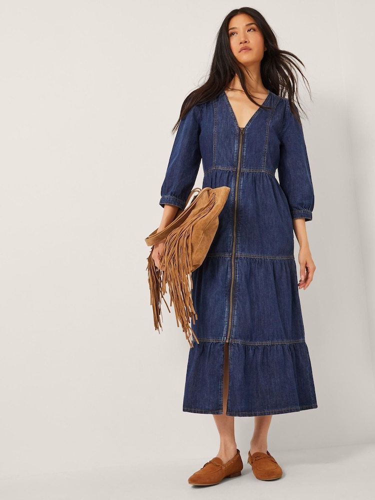Monsoon Blue Maya Zip Denim Midi Dress - Image 1 of 5 Monsoon Blue Maya Zip Denim Midi Dress - Image 1 of 5