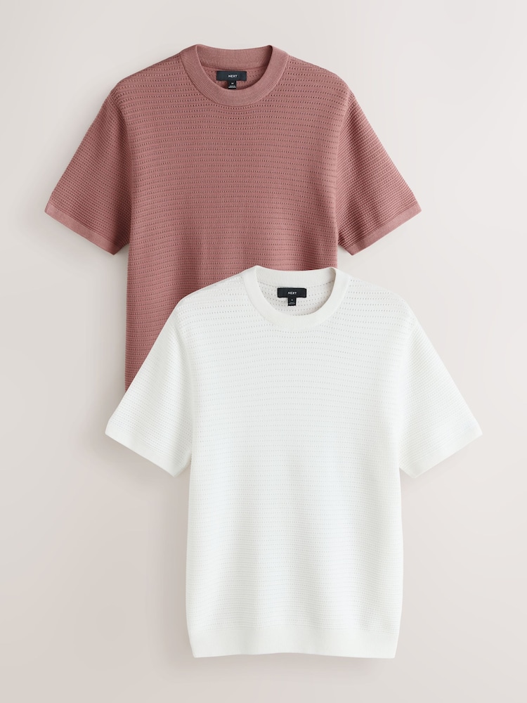 White/Damson Pink Textured Knit Crew Neck T-Shirts 2 Pack - Image 1 of 11