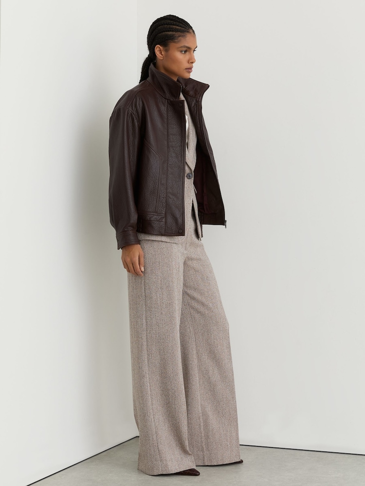 Reiss Grey Isla Petite Wide-Leg Textured Tailored Trousers - Image 1 of 7 Reiss Grey Isla Petite Wide-Leg Textured Tailored Trousers - Image 1 of 7
