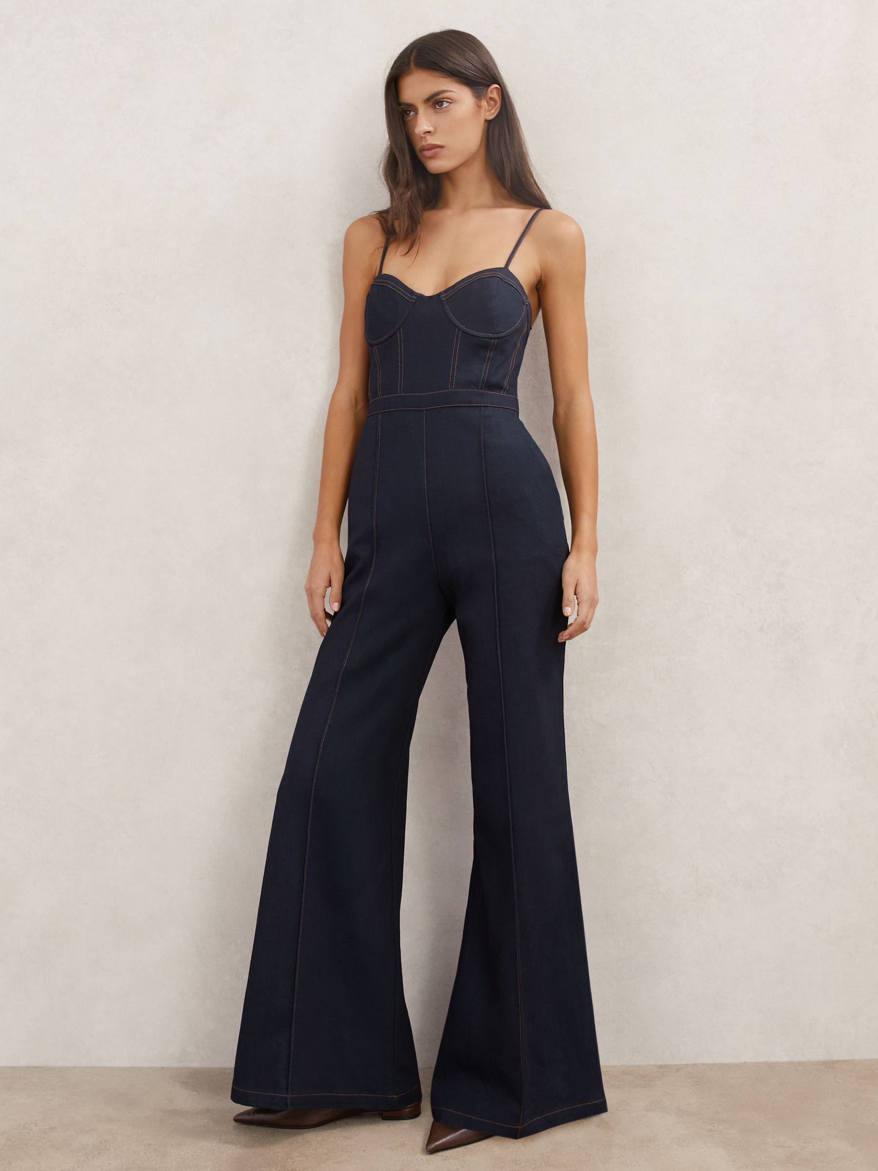Buy Reiss Indigo Blue Macey Wide-Leg Bustier Denim Jumpsuit from