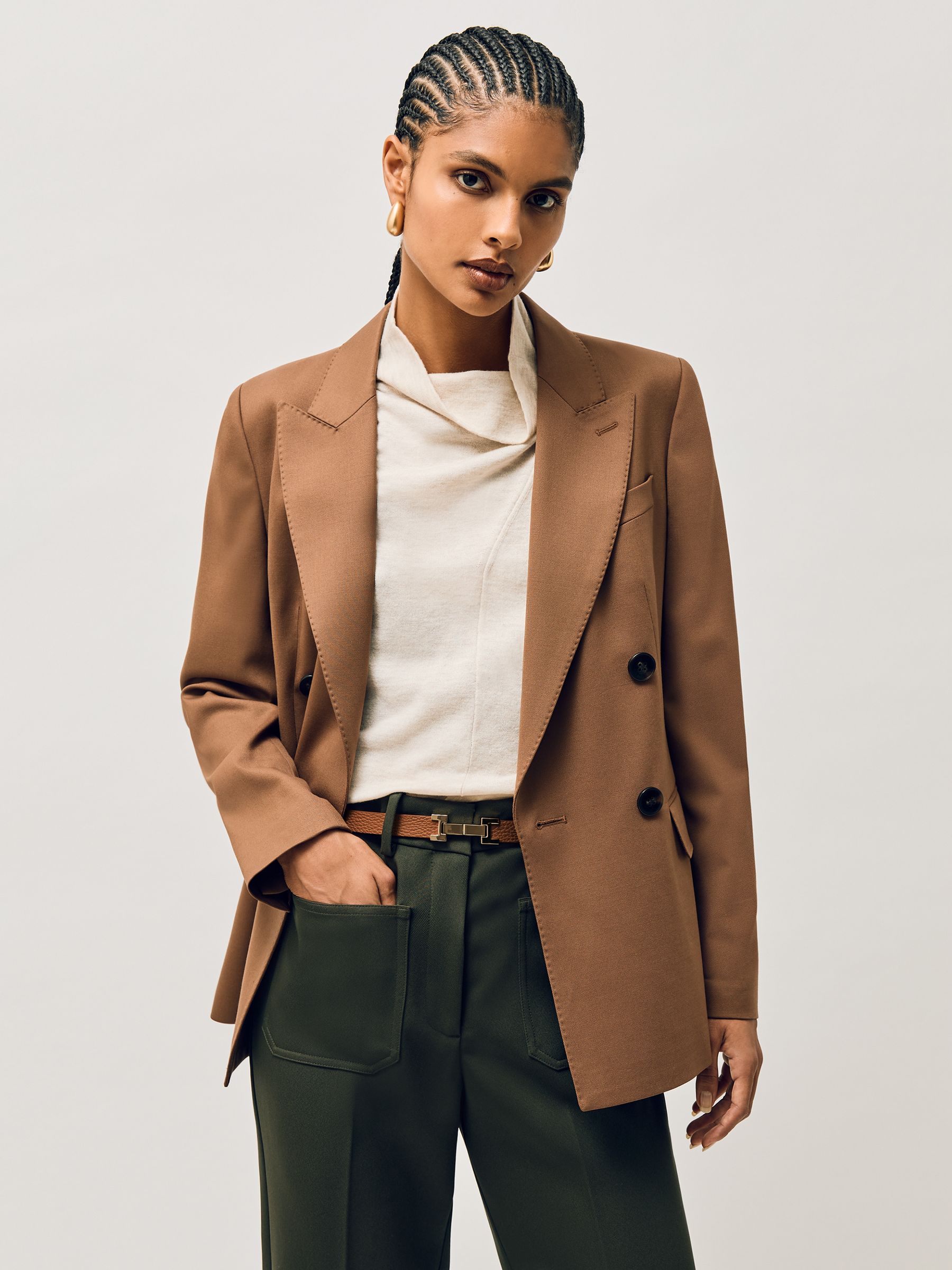 Reiss Tan Leather Square Hinge Belt In Brown