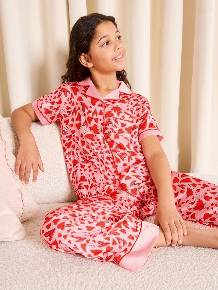 Lipsy Red/Pink Heart Satin Shirt And Long Leg Pyjamas Set (5-16yrs) - Image 1 of 4