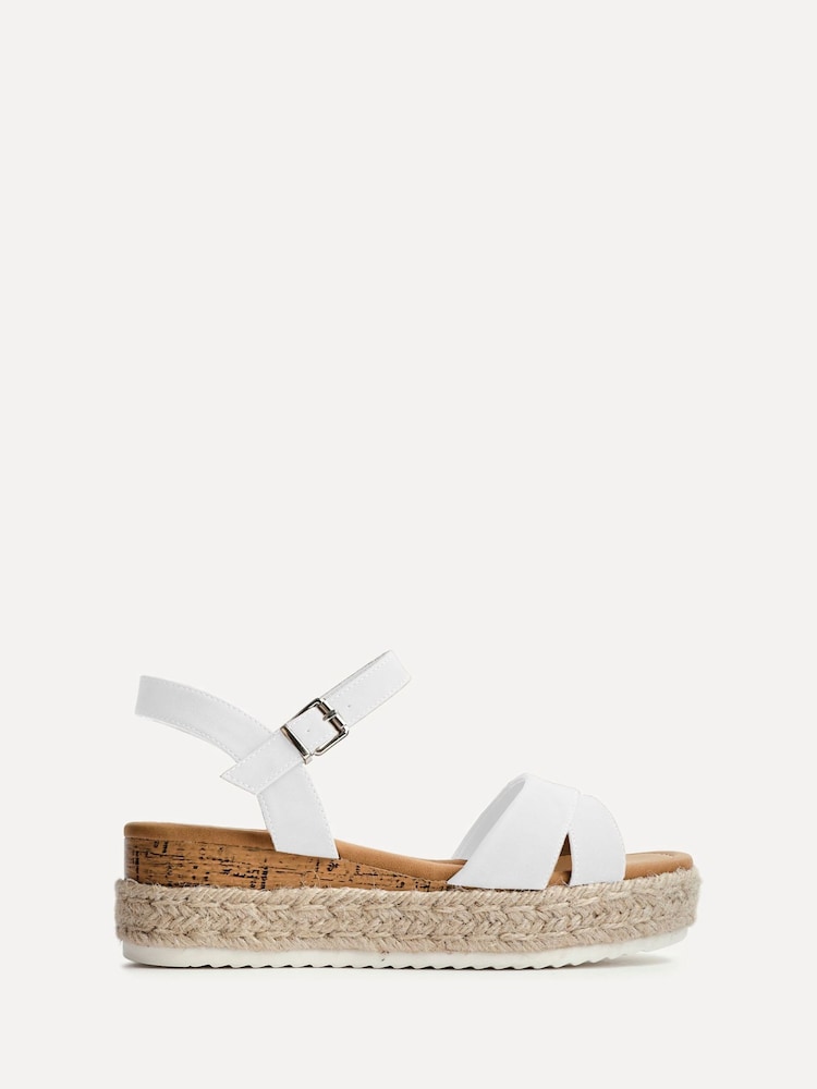 Linzi White Sarelli Wide Fit Flatform Sandals With Plaited and Cork Wedge - Image 1 of 4