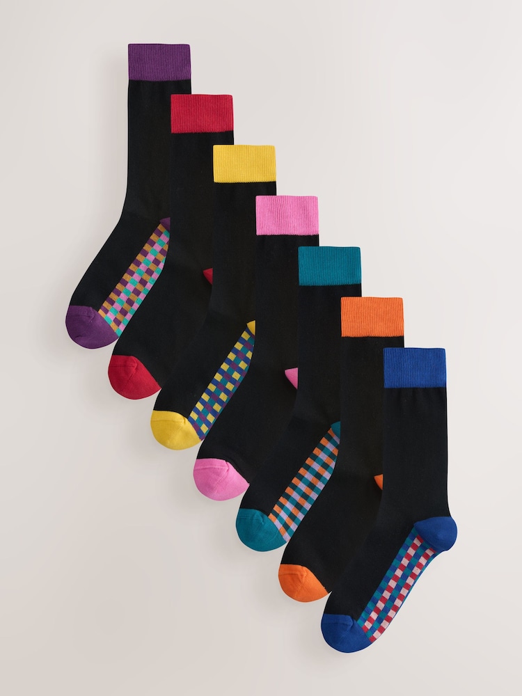 Black Checkered 7 Pack Cotton Rich Socks - Image 1 of 10
