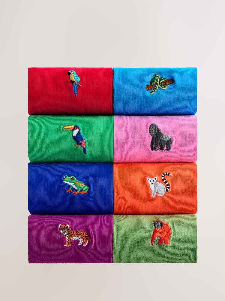 Blue/Green/Red Safari Fun Embroidered Socks 8 Pack - Image 1 of 11